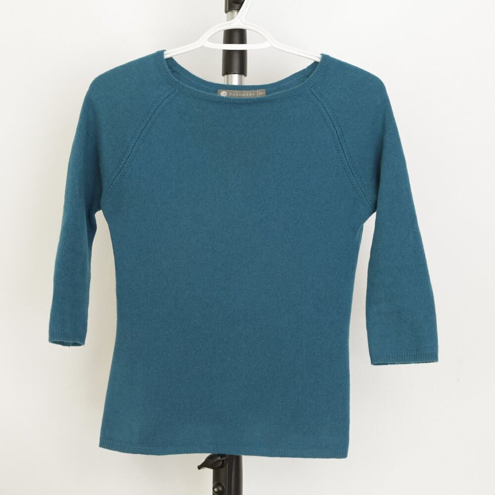 InCashmere 100% Cashmere Blue Boatneck 3/4 Sleeve Pullover Sweater Sz S - Picture 2 of 12